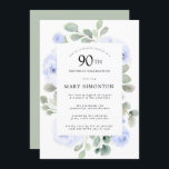 Blauwe Roos Floral Eucalyptus 90th Birthday Party Kaart<br><div class="desc">Eer een speciale vrouw met deze elegante 90th Birthday party uitnodiging. Blauwe rozen die in zachte,  groene eucalyptusbladeren zijn genestd,  vormen een modern botanisch lijst. Alle tekst kan worden bewerkt,  dus je kunt je speciale viering perfect beschrijven</div>