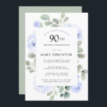Blauwe Roos Floral Eucalyptus 90th Birthday Party Kaart<br><div class="desc">Eer een speciale vrouw met deze elegante 90th Birthday party uitnodiging. Blauwe rozen die in zachte,  groene eucalyptusbladeren zijn genestd,  vormen een modern botanisch lijst. Alle tekst kan worden bewerkt,  dus je kunt je speciale viering perfect beschrijven</div>