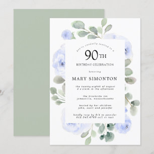 Blauwe Roos Floral Eucalyptus 90th Birthday Party Kaart