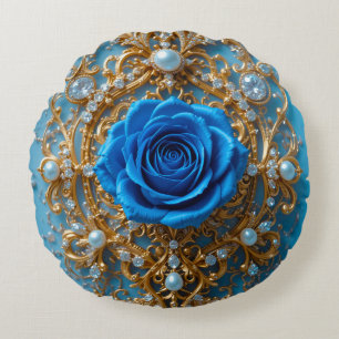 💙 Blauwe Roos Gouden Ornament Voor Glam Huisdecor Rond Kussen