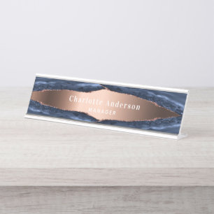 Blauwe roos goudmagermarmer bureau naambordje