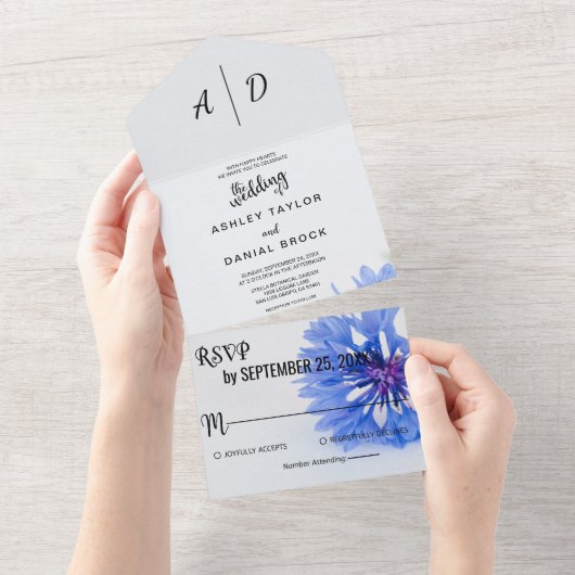 Blauwe roos-griep Alle in één bruiloft uitgenodigd All In One Uitnodiging (Afscheurbaar)
