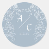 Blauwe Roos Huwelijksinitiaal Romantisch Monogram Ronde Sticker (Voorkant)
