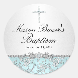 Blauwe Roos & Kruis Doopsticker Ronde Sticker