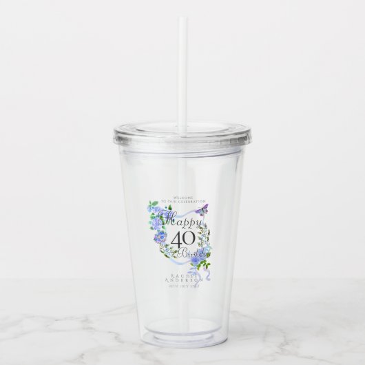 Blauwe Roos Lint 40e Verjaardag Acryl Drinkbeker (Voorkant)
