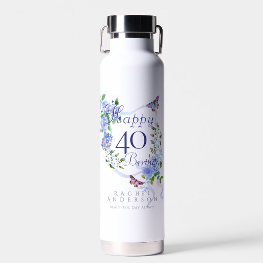 Blauwe Roos Lint 40e Verjaardag Waterfles (Voorkant)