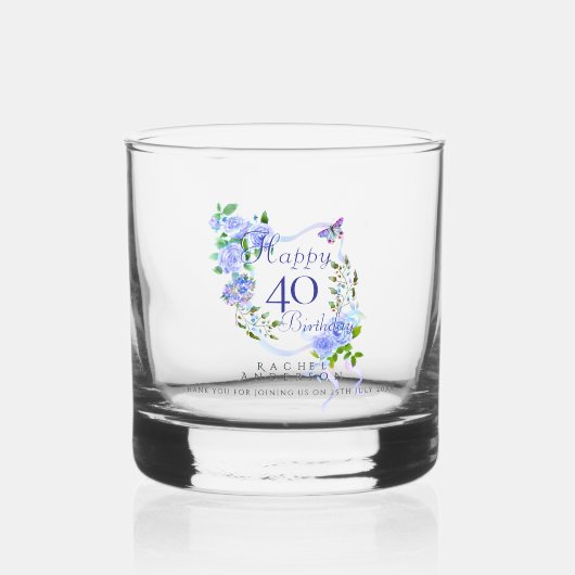 Blauwe Roos Lint 40e Verjaardag Whisky Glas (Voorkant)