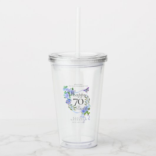 Blauwe Roos Lint 70e Verjaardag Acryl Drinkbeker (Voorkant)