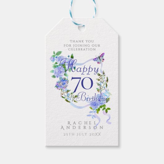 Blauwe Roos Lint 70e Verjaardag Cadeaulabel (Voorkant)