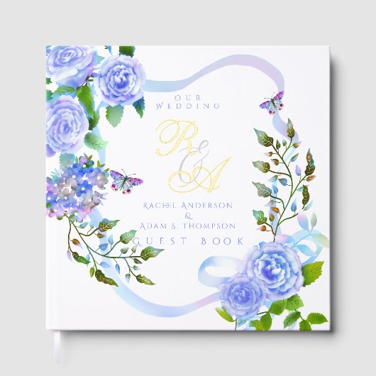Blauwe Roos Lint Monogram Bruiloft Gastenboek (Voorkant)