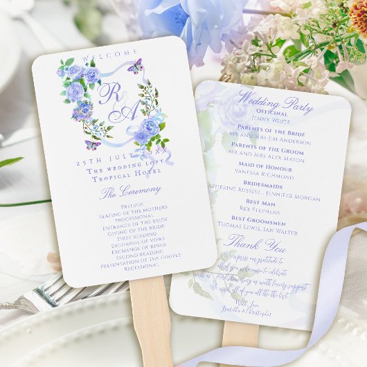 Blauwe Roos Lint Monogram Bruiloft Handwaaier