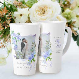 Blauwe Roos Lint Monogram Foto Bruiloft Latte Mok