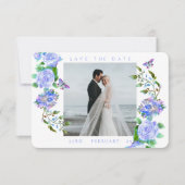 Blauwe Roos Lint Monogram Foto Bruiloft Save The Date (Voorkant)