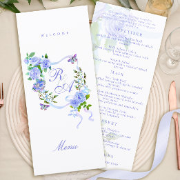 Blauwe Roos Lint Monogram Huwelijksmenu Menu