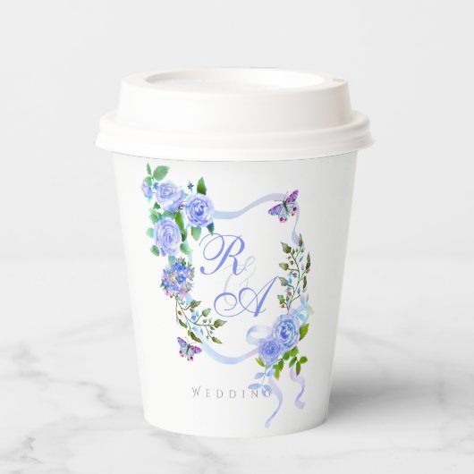 Blauwe Roos Lint Monogram  Papieren Bekers (Voorkant)