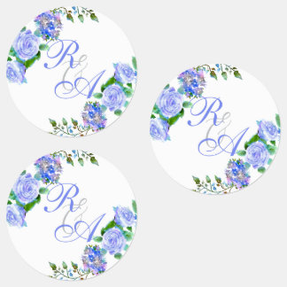 Blauwe Roos Lint Monogram Trouw Uitnodiging Labels