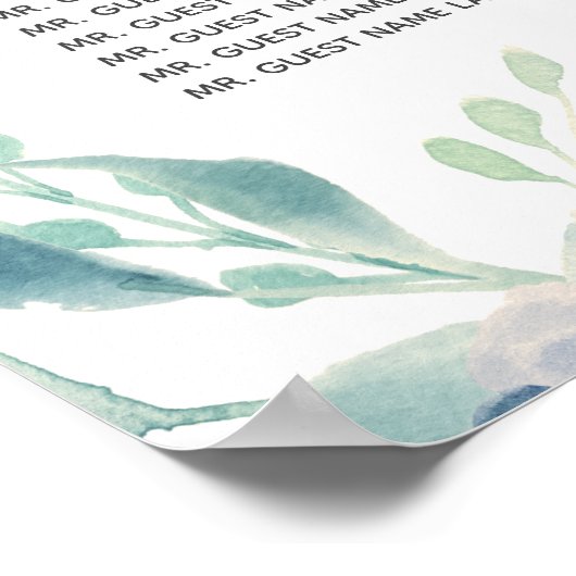 Blauwe Roos Waterverf Floral Wedding Seating Chart Poster (Hoek)