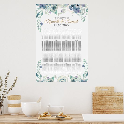 Blauwe Roos Waterverf Floral Wedding Seating Chart Poster (Keuken)