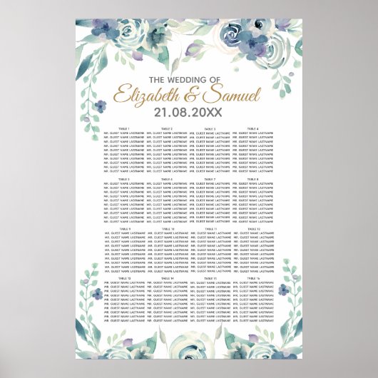 Blauwe Roos Waterverf Floral Wedding Seating Chart Poster (Voorkant)