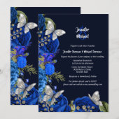 Blauwe roos zilveren vlinderbloemige bruiloft kaart (Voorkant / Achterkant)