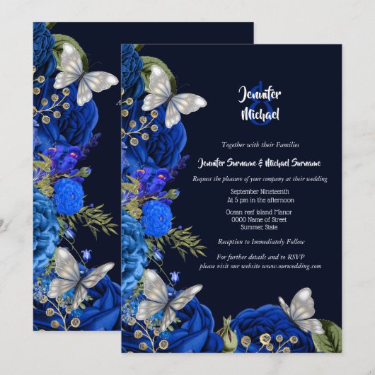 Blauwe roos zilveren vlinderbloemige bruiloft kaart (Voorkant / Achterkant)