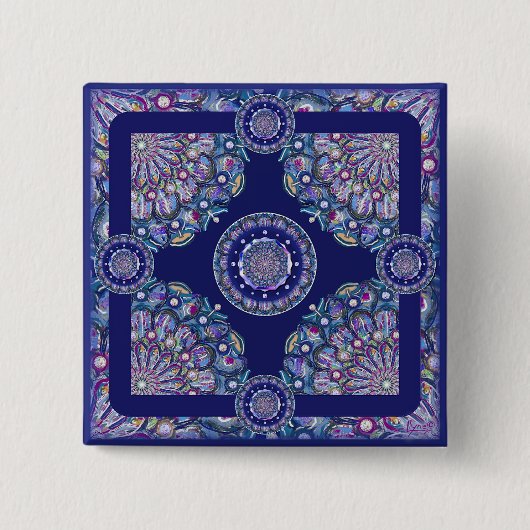 blauwe rosace vierkante button 5,1 cm (Voorkant)