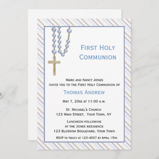 Blauwe Rosary Beads, Stripes, Religieuze Uitnodigi Kaart (Voorkant / Achterkant)