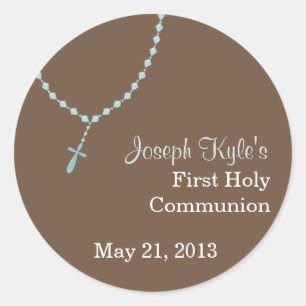 Blauwe Rosary op bruine Eerste Heilige Communie Ronde Sticker