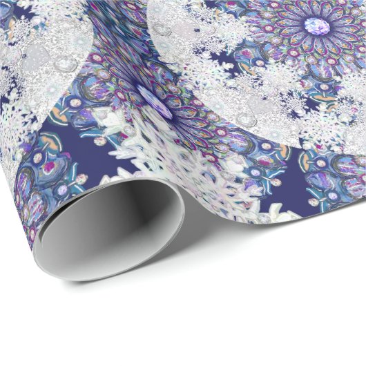 Blauwe rosé en sneeuwvlok cadeaupapier (Rol Hoek)