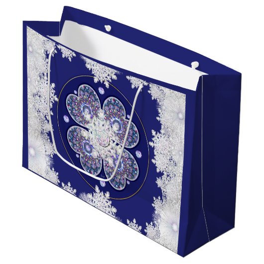 Blauwe rosé en sneeuwvlok groot cadeauzakje (Voorkant Gekanteld)