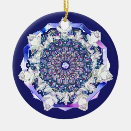 Blauwe rosé en sneeuwvlok keramisch ornament (Voorkant)