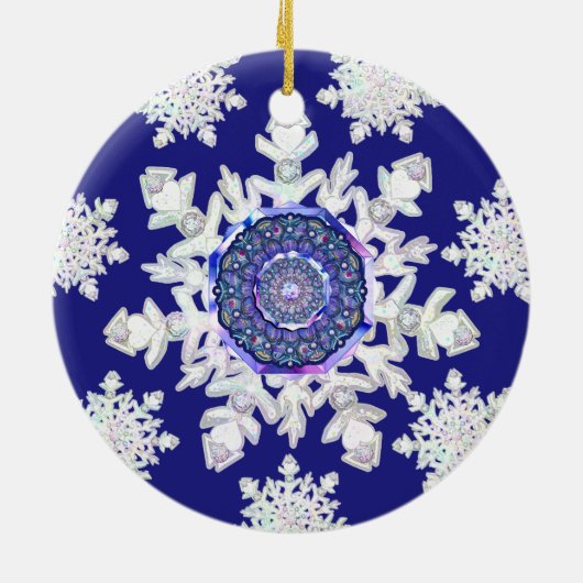 Blauwe rosé en sneeuwvlok keramisch ornament (Achterkant)