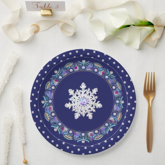 Blauwe rosé en sneeuwvlok papieren bordje (Huwelijk)