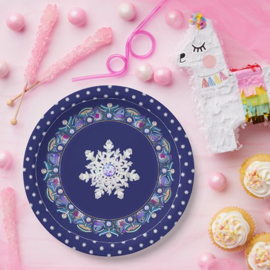 Blauwe rosé en sneeuwvlok papieren bordje (Feest)