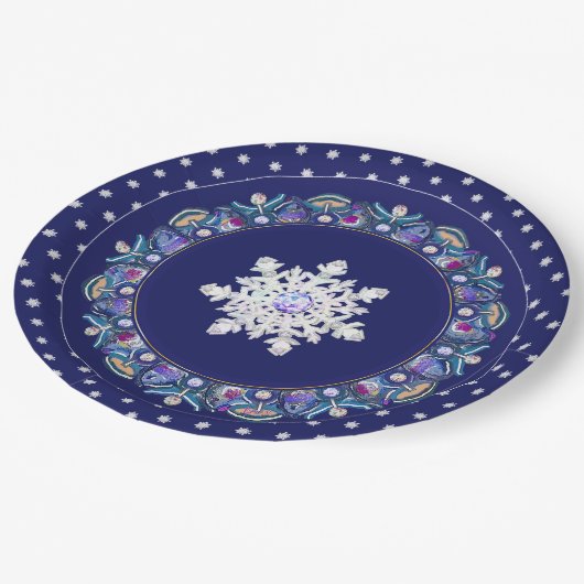 Blauwe rosé en sneeuwvlok papieren bordje (Gekanteld)