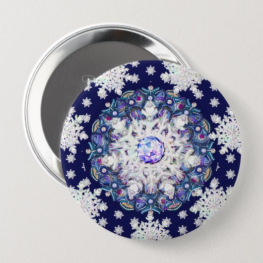 Blauwe rosé en sneeuwvlok ronde button 4,0 cm (Voorkant /achterkant)