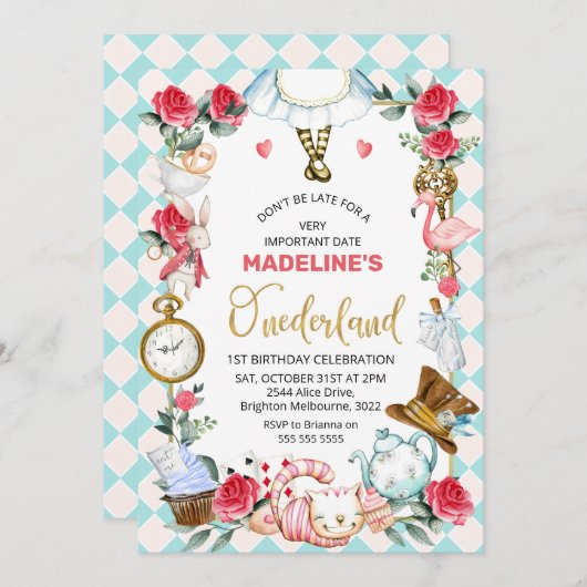 Blauwe roze Alice in nederland 1ste verjaardag Kaart (Voorkant / Achterkant)