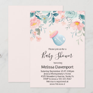 Blauwe & Roze Babyfles met Bloemen Baby Shower Kaart