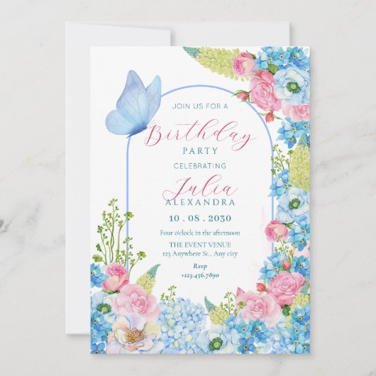 Blauwe roze bloem bloei vlinder verjaardag kaart (Voorkant)