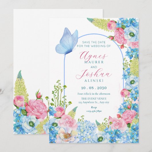 Blauwe roze bloem bloeien vlinder bruiloft  save the date (Voorkant / Achterkant)