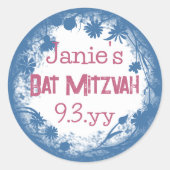 Blauwe Roze Bloem Personaliseerbare Bat Mitzvah St Ronde Sticker (Voorkant)