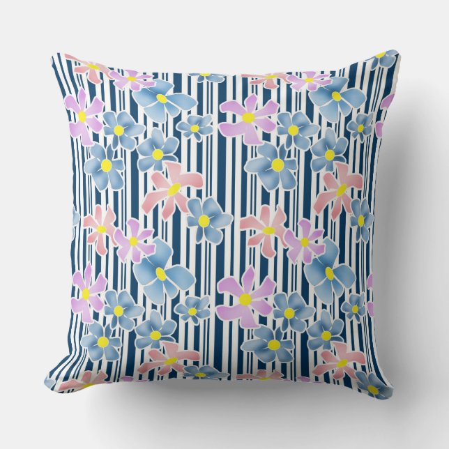 Blauwe roze bloemen op gestreepte wit-blauwe achte kussen (Voorkant)
