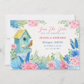 Blauwe roze bloemen vogel bruiloft save the date (Voorkant)