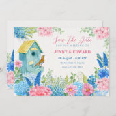 Blauwe roze bloemen vogel bruiloft save the date (Voorkant / Achterkant)