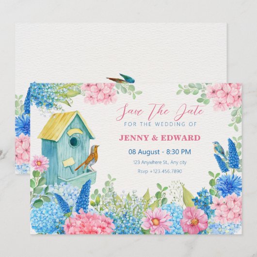 Blauwe roze bloemen vogel bruiloft save the date (Voorkant / Achterkant)