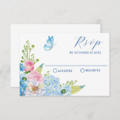 Blauwe roze bloesem vlinder RSVP kaartje (Voorkant / Achterkant)