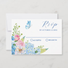 Blauwe roze bloesem vlinder RSVP kaartje