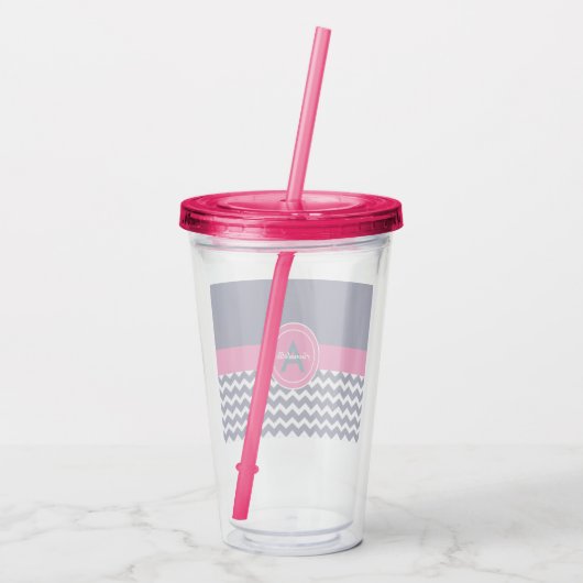 Blauwe roze Chevron Acryl Drinkbeker (Achterkant)