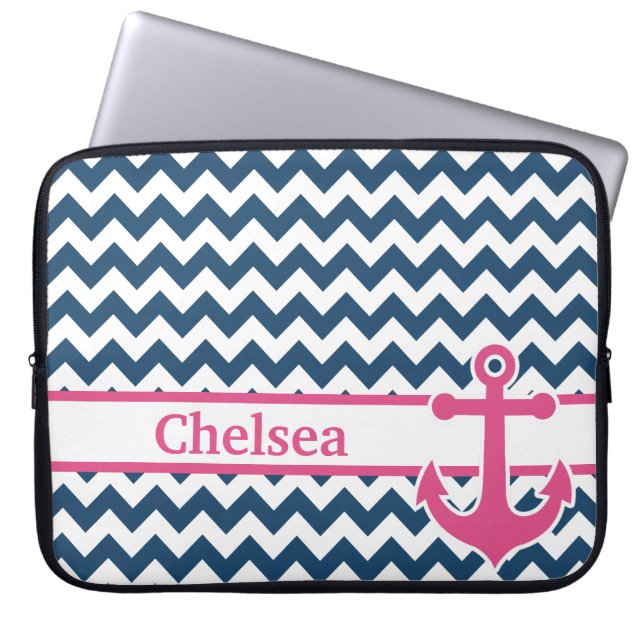 Blauwe roze Chevron Anchor Naam Laptop Sleeve (Voorkant)