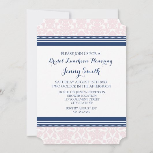 Blauwe roze Damask Bridal Lunch Invitation Cards Kaart (Achterkant)